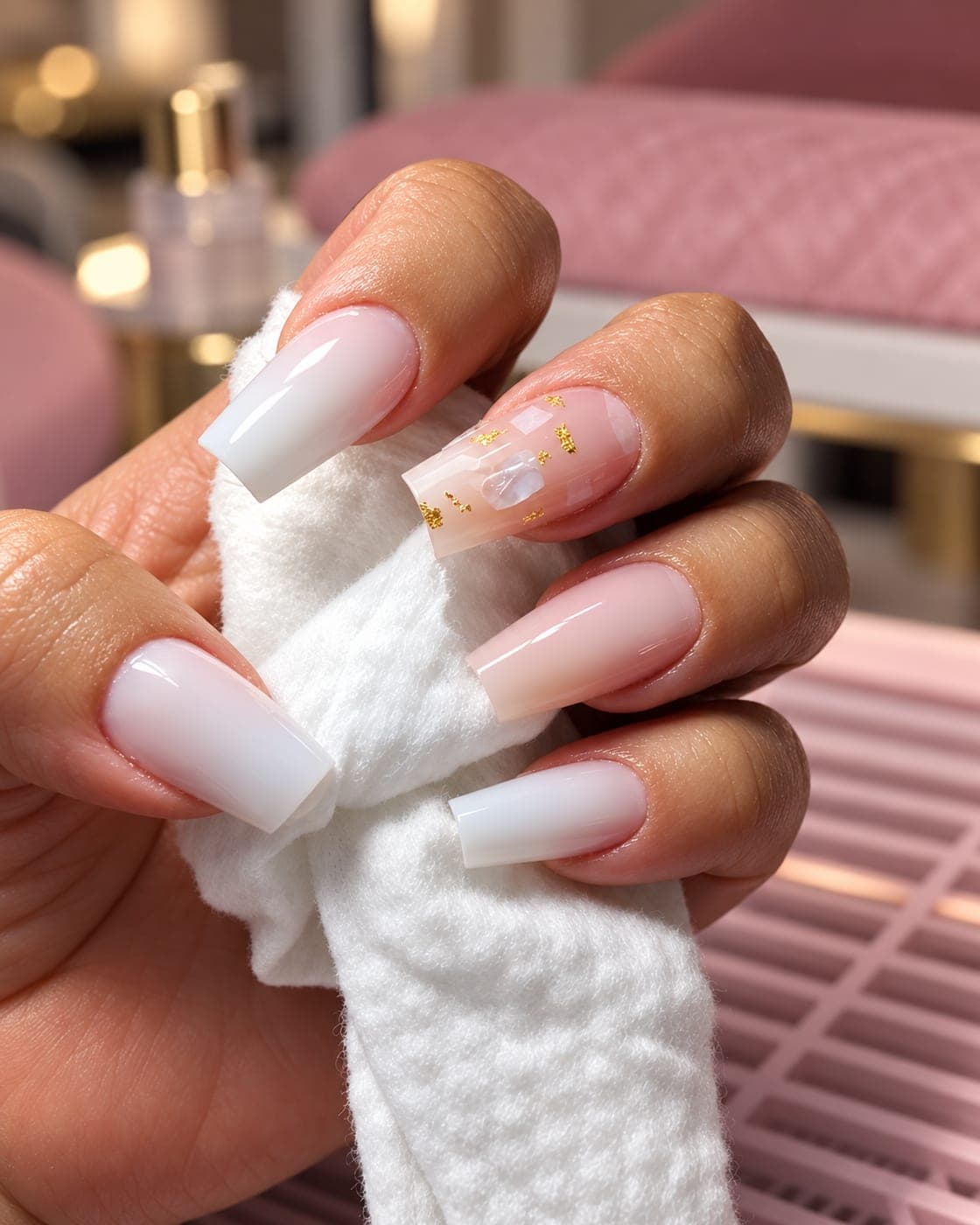Unhas quadradas baby boomer com detalhe de folha de ouro