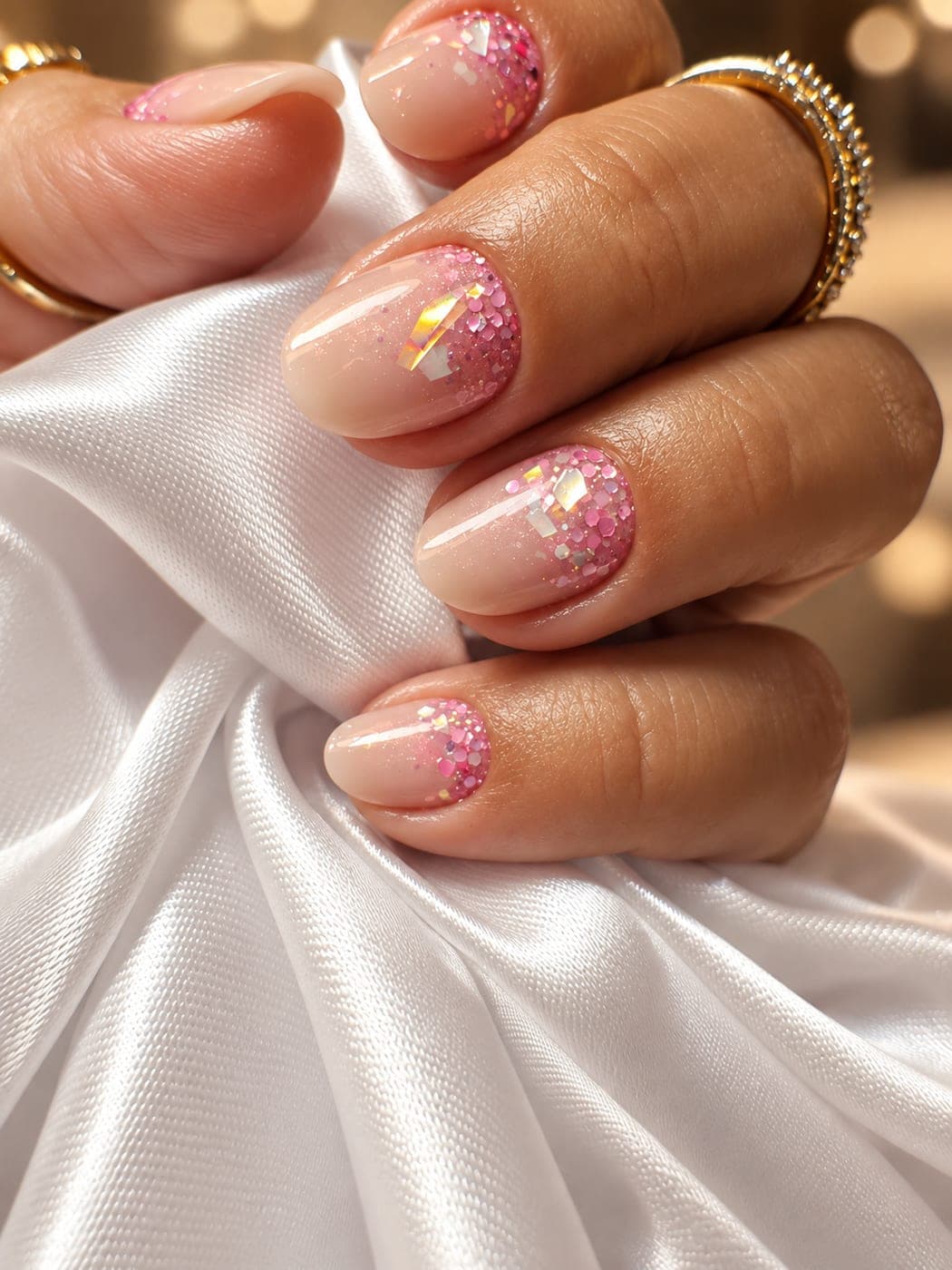Unhas curtas em gel nude com glitter rosé encapsulado